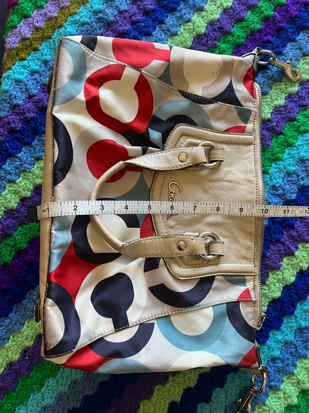 Coach Multicolor Circle Print Satchel - Red, Navy, Light Blue, Beige - Picture 9 of 14